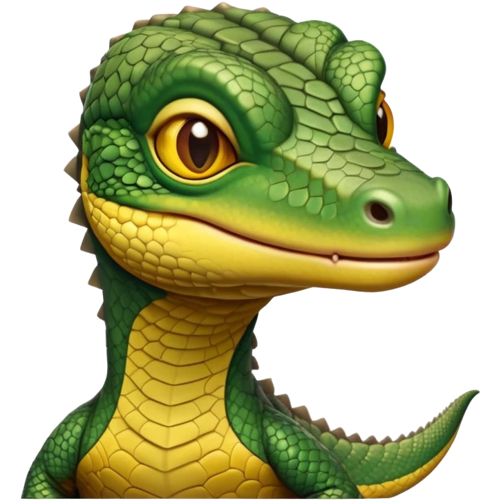 cinematic-realistic-cute-monitor-lizard-portrait-emoji,-head-tilted-playfully-and-inquisitively,-featuring-a-compact,-agile-body-with-finely-detailed,-glossy-scales-in-earthy-olive-hues-and-a-distinct,-alert-face-with-bright,-curious-eyes, yellow and dark green emoji