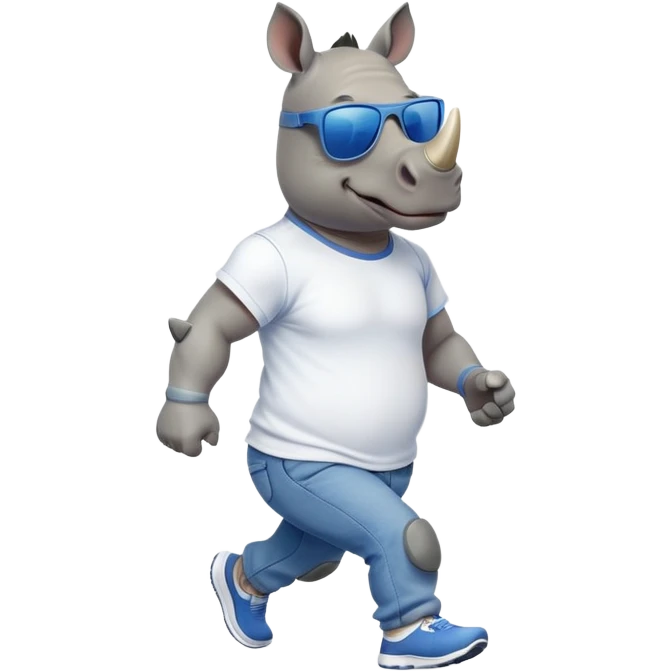 friendly anthropomorphised rhino in jeans and t-shirt, wearing dark sunglasses, jogging upright, standard pose emoji