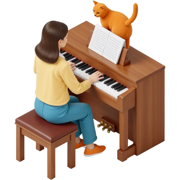 woman playing piano while her cat sits on top of the piano emoji