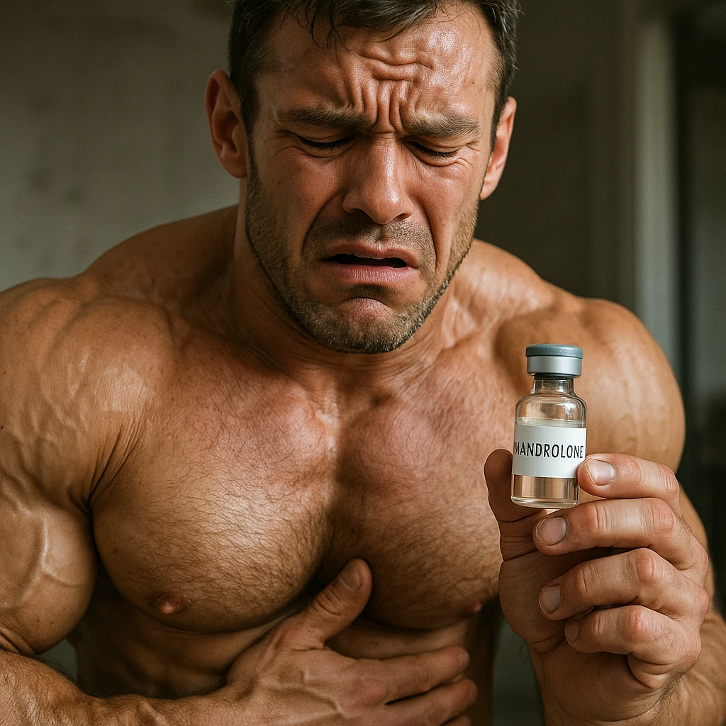 hyperrealistic muscular male bodybuilder holding a vial with a clearly visible label reading 'Nandrolone', the bodybuilder looks distressed or unwell with an expression of discomfort, realistic environment, natural lighting, detailed emoji