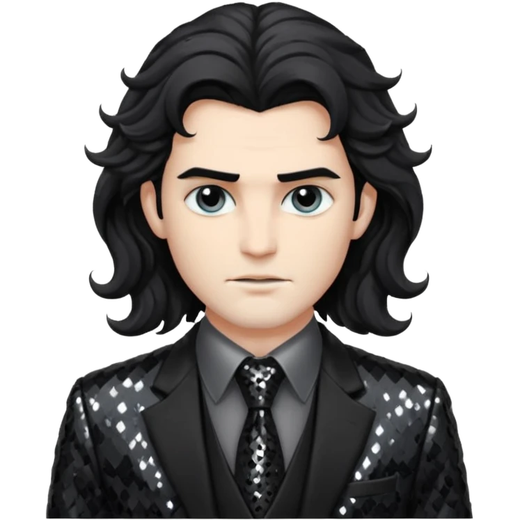 Hades from Greek Mythology with long black wavy hair, black sequin suit jacket and tie, grey shirt emoji