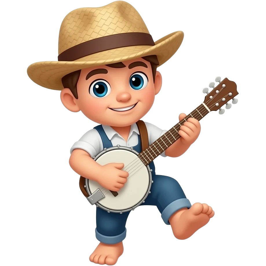 Little mini emoji wearing straw hat playing banjo stomping his foot, top view emoji