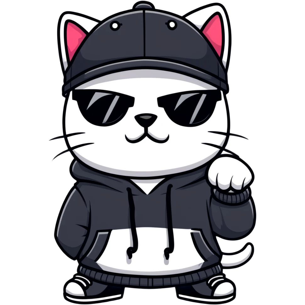 cat wearing a black snapback cap and black hoodie, with black sunglasses positioned low on his nose, winking one eye while looking directly at the viewer over the top of his sunglasses with a mischievous expression, doing graffiti with spray paint emoji