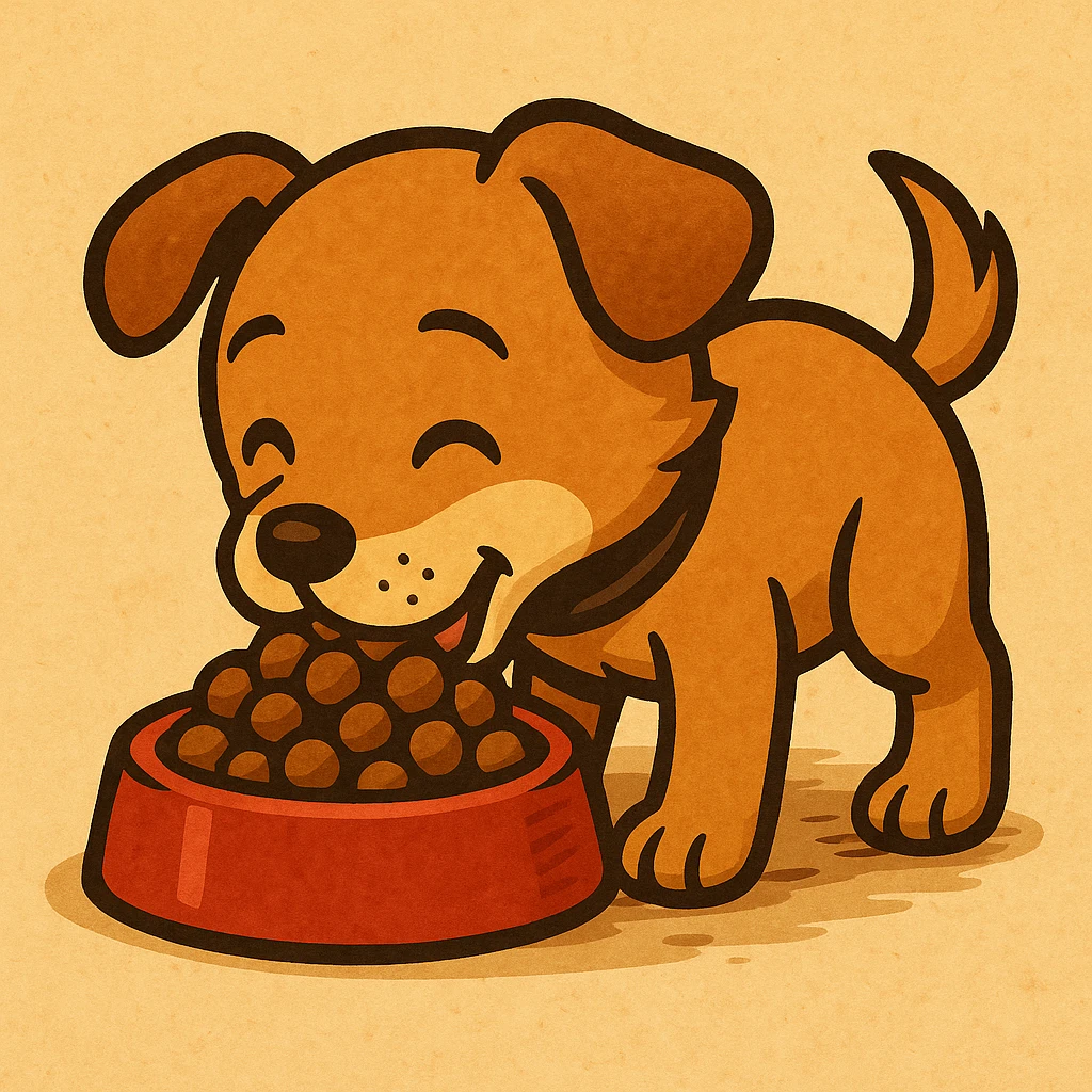 Make the dog a cute puppy eating dog food, keep the same style as the original image. emoji