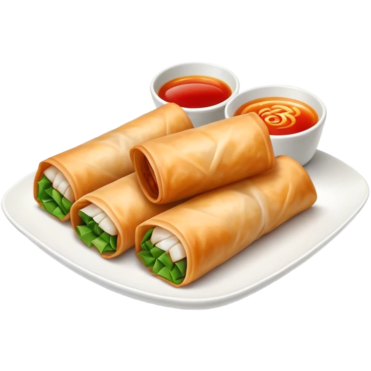 Spring Rolls Cinematic Realistic Spring Rolls Dish Emoji, depicted as 2 perfectly crisp spring rolls served with dipping sauce, rendered with lifelike textures and dynamic, appetizing lighting. emoji