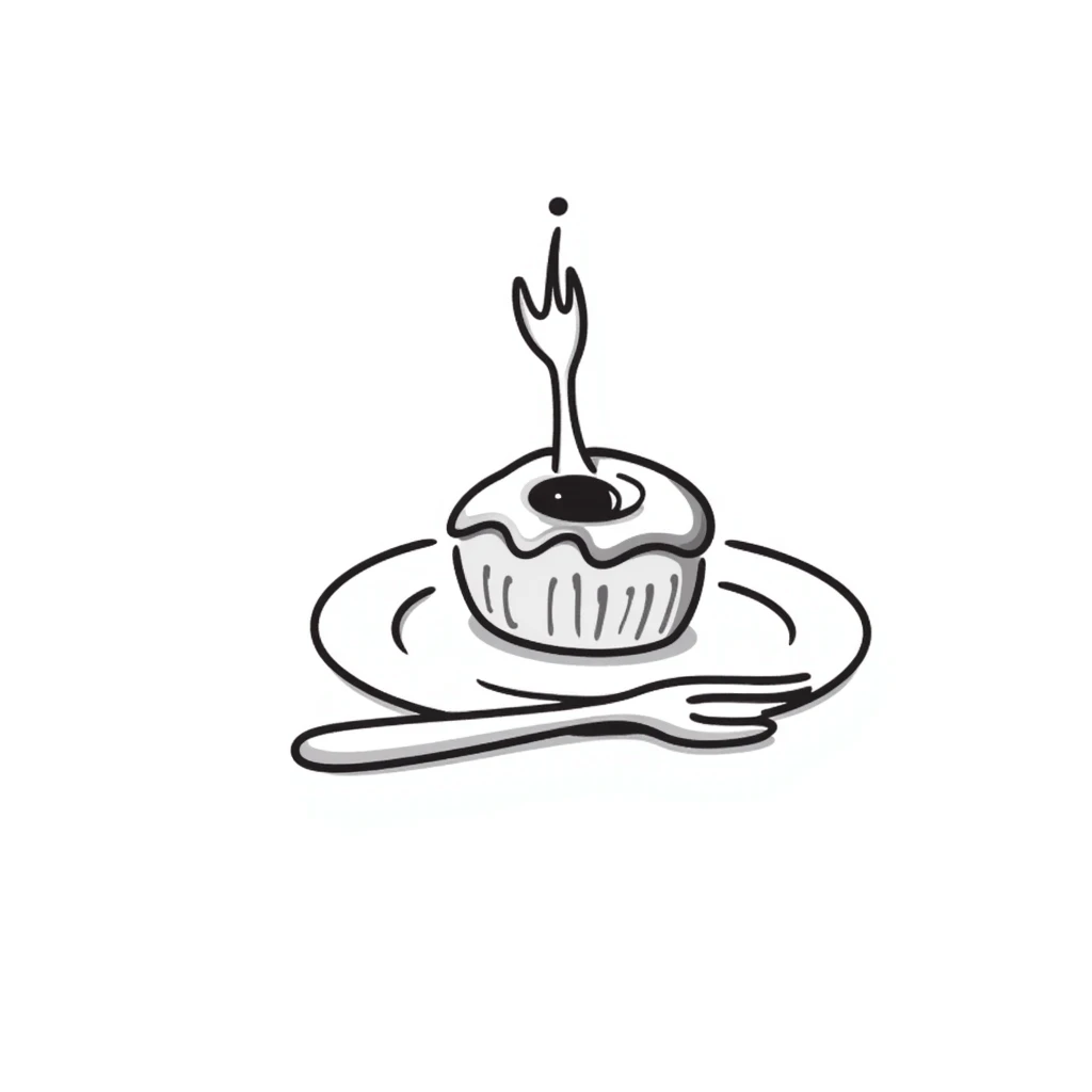 hand-drawn sketch of a partially eaten cake with a fork stuck in it emoji