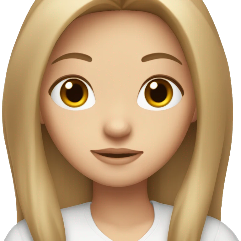 White girl with long light brown straight hair and brown eyes. She's wearing a white blouse.  emoji