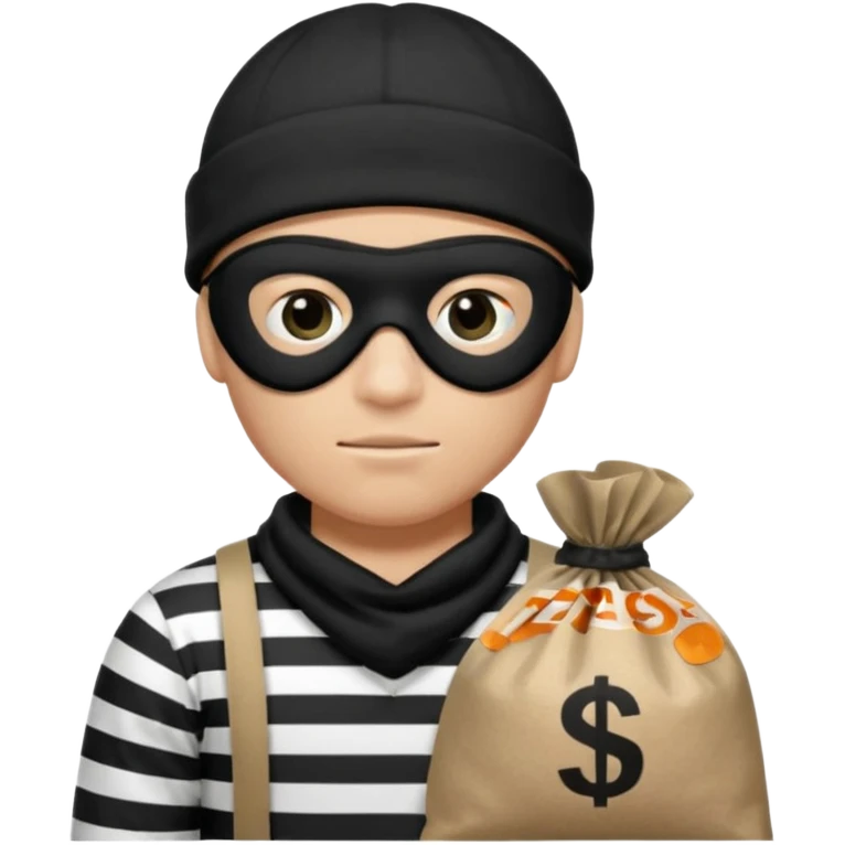 robber wears black eye mask, black beanies and black and white stibes shirt with one brown money bag beside him emoji