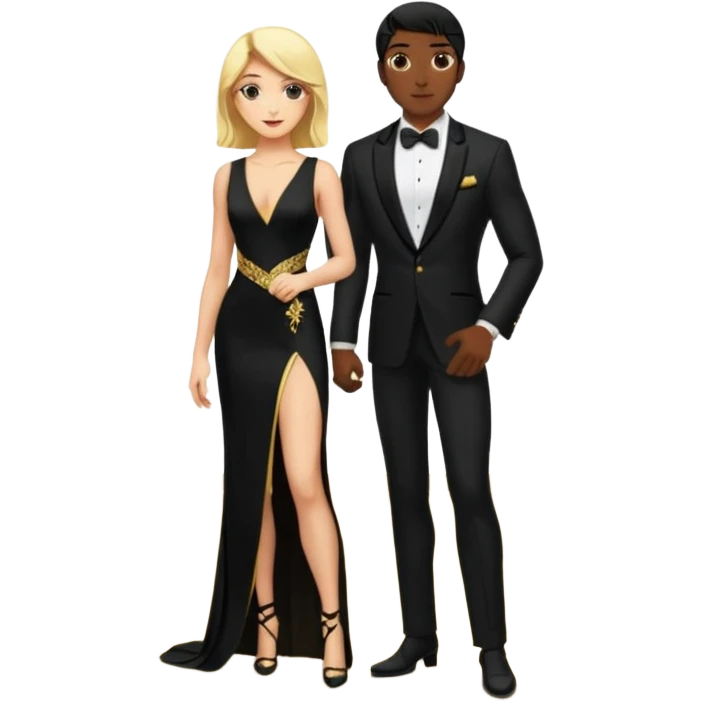 Blonde woman, black, Long, tight, sleveless Dress, Slot left Leg, man, black Hair, in Dinner jacket, Background ballroom emoji