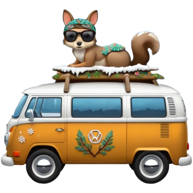 A parked VW bus painted white and black and fill with different 3d crystals and 3d crystals secured to roof surrounded by winter scenery with squirrels, birds, rabbits, wolves and a brunette hippie with a headband and sunglasses in drivers seat emoji