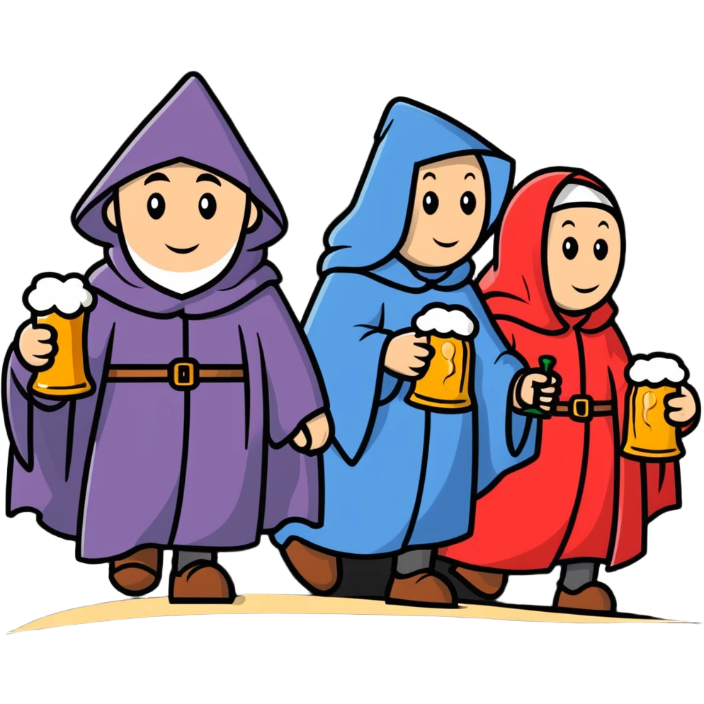 medieval pilgrims walking on a journey path with cloaks and beer bottles emoji