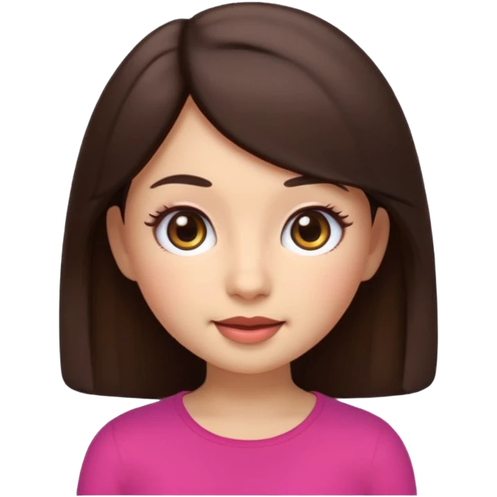 3D emoji sticker of a cute girl, Apple Memoji style, dark brown hair, brown eyes, long eyelash extensions, soft facial features, clean white background, smooth lighting, high quality, cute and friendly expression emoji
