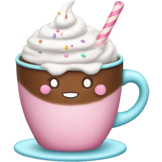 A pink cup of hot coco with pastel sprinkles and whipped cream emoji
