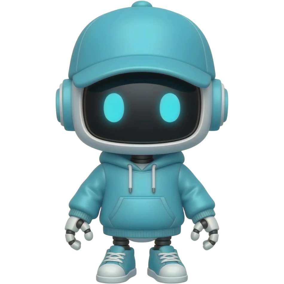 tiny cyan robot in hoodie cap shoes emoji