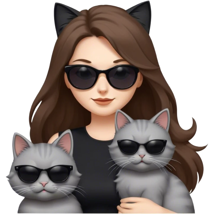 White woman with long brown hair wearing dark sunglasses and a black dress. She is smirking. next to her is a fluffy light grey cat who is also wearing dark sunglasses. The wind is blowing their hair and they are having fun emoji