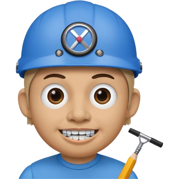 A round head puppet with 2 buck teeth a blue bike helmet and a round nose with a pencil in it also he has a unibrow and blue eyes emoji