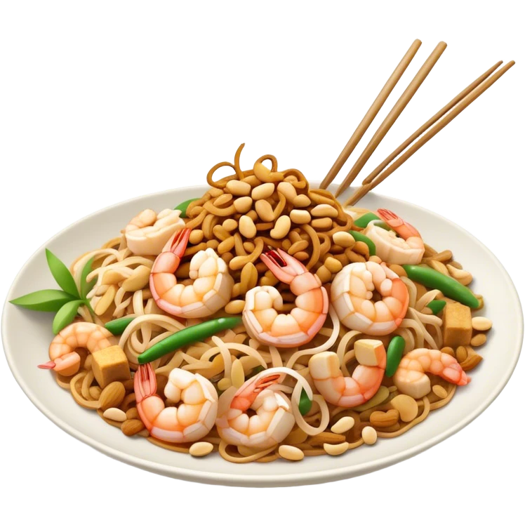Cinematic Realistic Pad Thai Dish Emoji, depicted as stir-fried rice noodles with shrimp, tofu, peanuts, and bean sprouts rendered with vibrant textures and dynamic, appetizing lighting. emoji