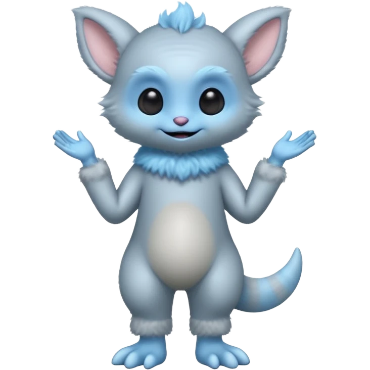full body ...cute peacefull alien furry with 2 legs ....it has 1 eye....stands upright and looks intelligent ...wears clothing. is light grey and light blue..looks happy and cuddly... doesnt have eyes on face, there is a appendage coming from top of head with a single large eye emoji