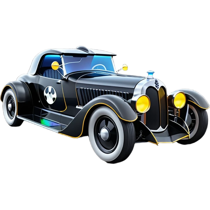 luxurious ghostly sporty antique electric Darth Vader’s Batman-armored 1926 black graphite colored enclosed twin seat town coupe Batmobile with horizontal holographic 3d stars painted on the body sides and neon underglow  emoji
