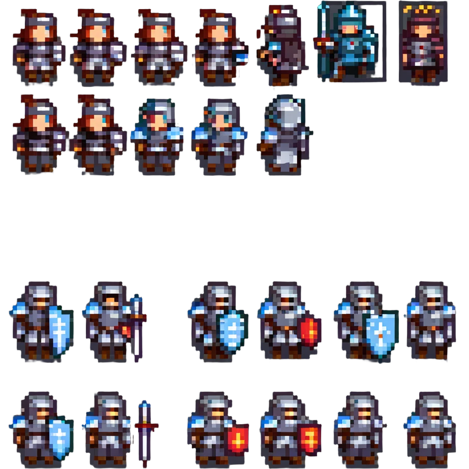 pixel art sprite sheet of a knight idle and walking animation frames 8-bit NES style emoji