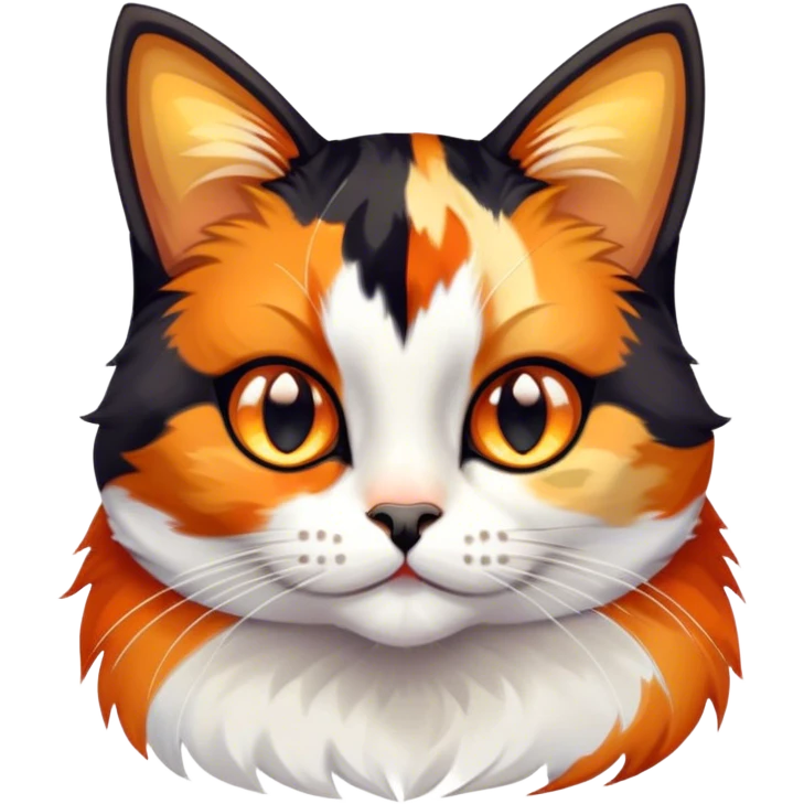 Cinematic Cute Calico Cat Portrait Emoji, Head tilted playfully with sparkling, inquisitive eyes and a charming patchwork fur of orange, black, and white, simplified yet irresistibly adorable, highly detailed, glowing with a warm, inviting glow, high shine, bubbly and affectionate, styled with a touch of whimsical feline charm, soft glowing outline, capturing the essence of a delightfully cute calico cat that looks as if it could prance off the screen into your heart! emoji