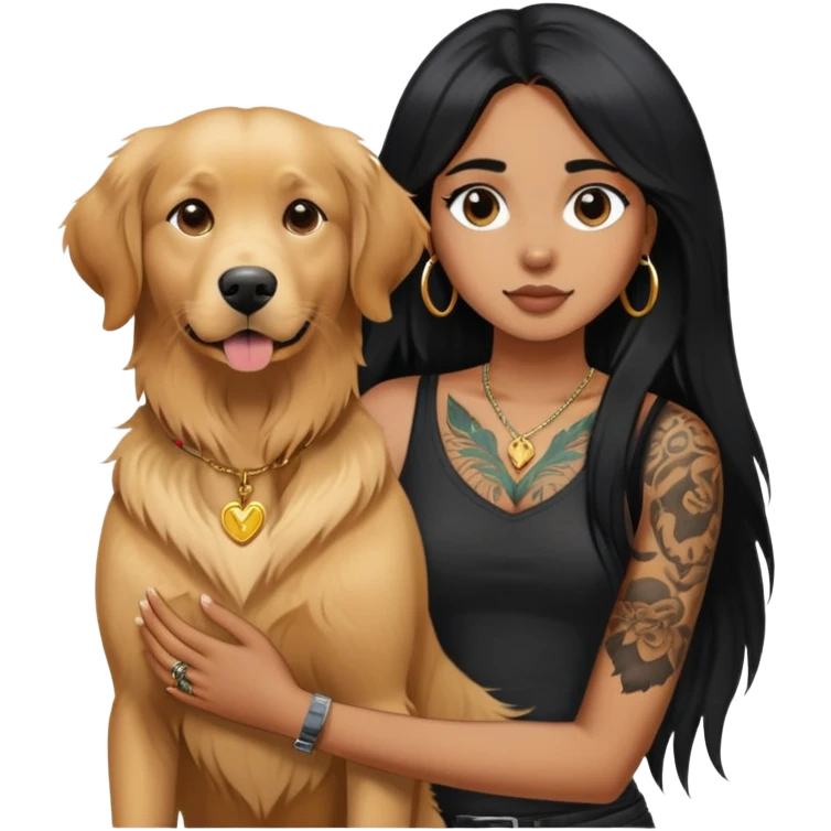 brown girl with long black  straight hair and chest tattoos and  a golden retriever emoji