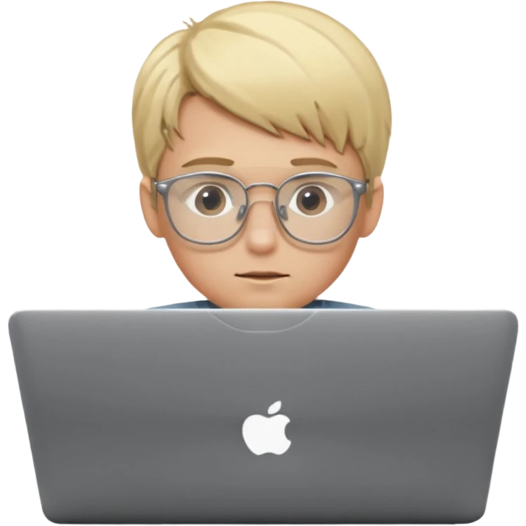 Blonde boy using laptop wearing clear glasses emoji