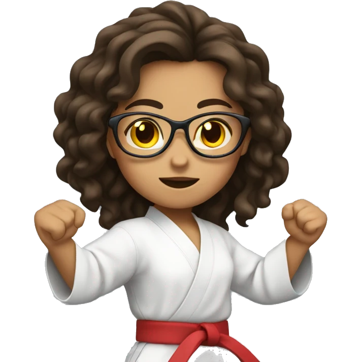 Girl with long wavy brunette hair and glasses doing karate stance emoji