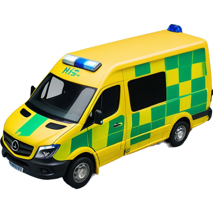 NHS Mercedez sprinter ambulance, yellow body, with green and yellow checkerboard print along the bottom. NHS logo on the side. Blue flashing light strip along top emoji
