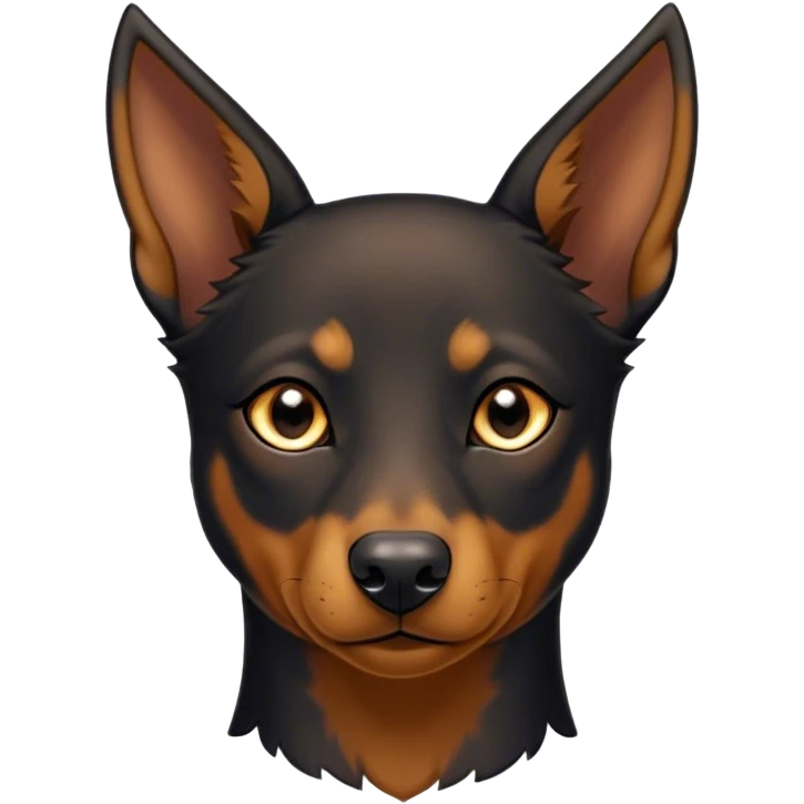 Cinematic Noble Black and Tan Kelpie Portrait Emoji, Poised and regal, with a strong, agile build and a glossy, well-groomed Fur of deep black and tan accents, piercing dark eyes, Simplified yet sharp and sophisticated features, highly detailed, glowing with a soft, dignified glow, high shine, intelligent and energetic, stylized with an air of determination, focused and attentive, soft glowing outline, capturing the essence of a watchful and confident herder, so majestic it feels as though it could bound out of the screen with effortless authority! emoji