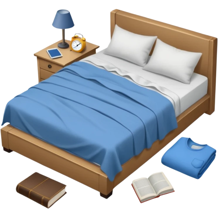 messy bed with a wrinkled blanket, the pillow out of place on the floor. Around the bed, scattered items include a t-shirt, pants, and an open book on the floor. emoji