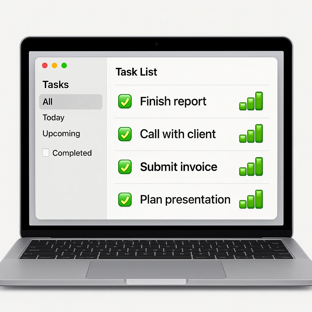 Make the bar charts on the MacBook's task management app screen green in the style of apple style emojis emoji