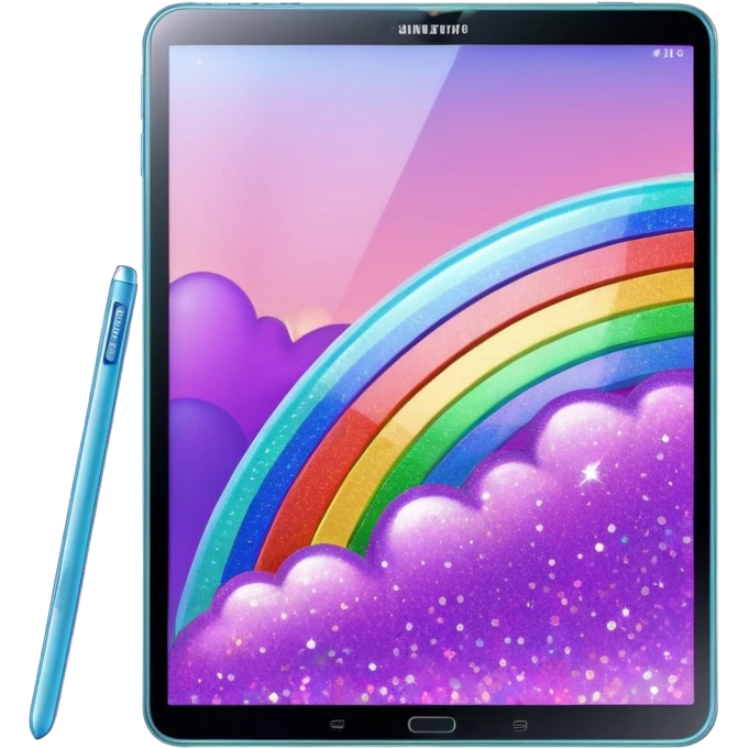 Hyperrealistic Samsung galaxy tablet, with a  holographic rainbow glitter case, isolated, rendering. 8k hd quailty  emoji
