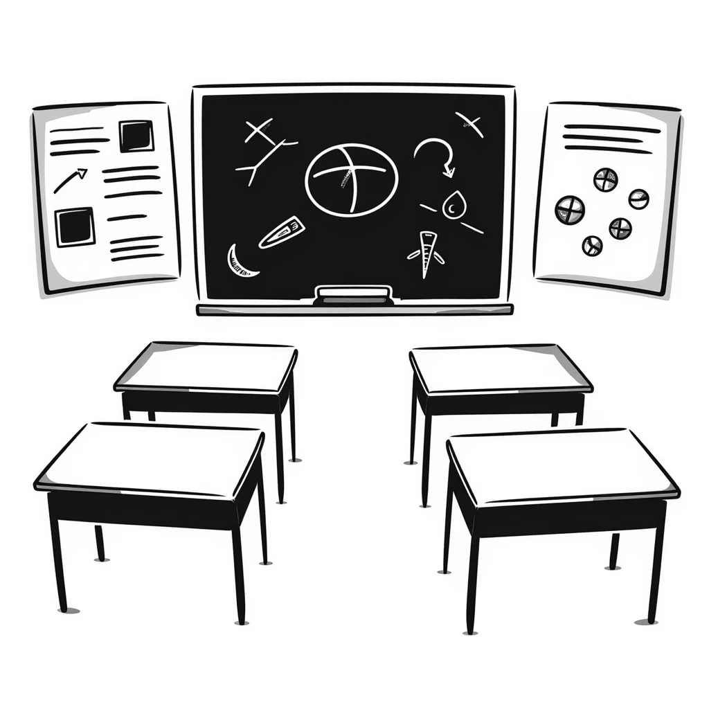 a classroom with desks, chalkboard, and educational posters emoji