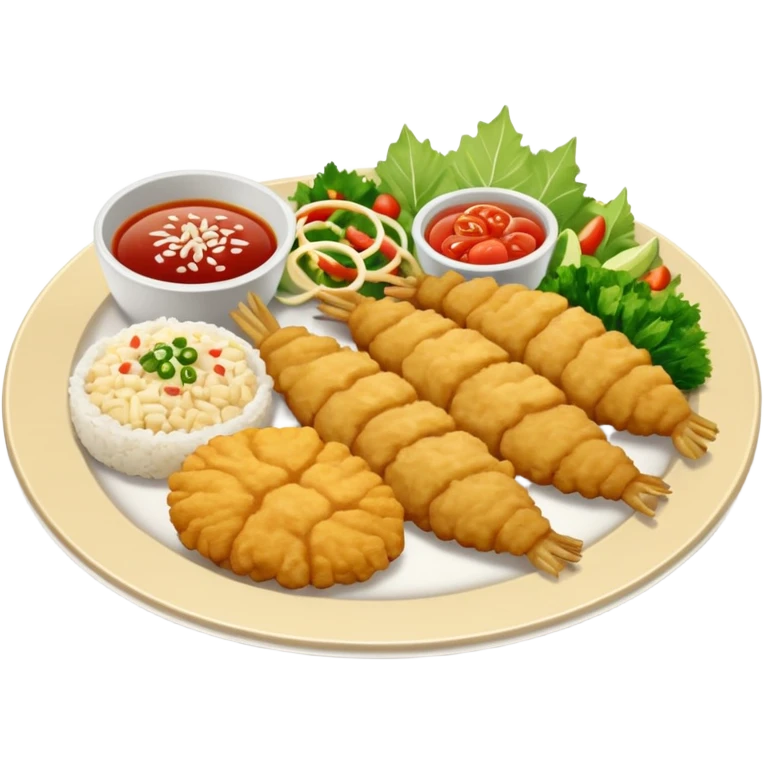 Plato redondo con filete de cerdo empanizado estilo tempura, dorado y crujiente acompañado de arroz blanco y ensalada fresca con vegetales por separado emoji
