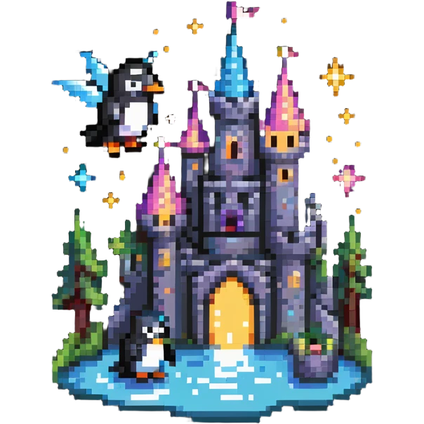 penguin wizard with magical sparkles, a unicorn, fairy, and tiny goblin companion in a pixelated fantasy world with a floating castle emoji