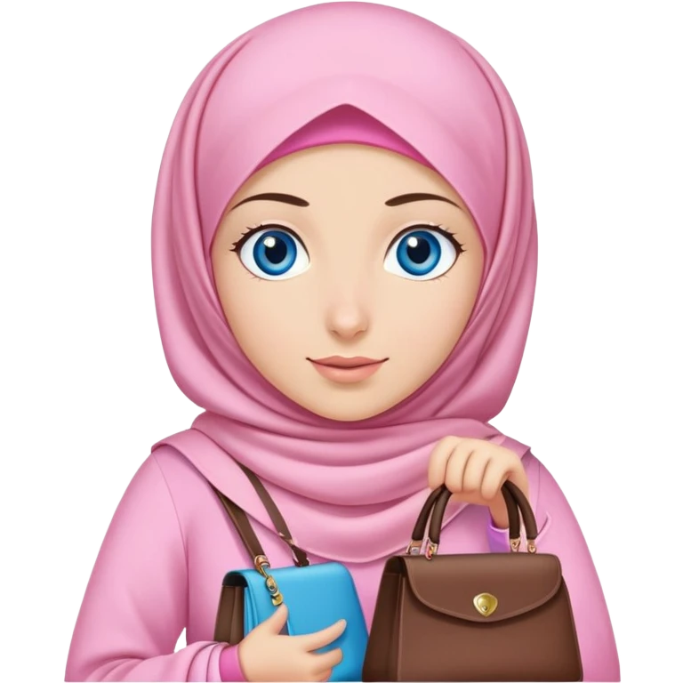 Turkish beautiful finish Konya girl blue eyes with pink hijab islamic dress and had on her hand bag emoji