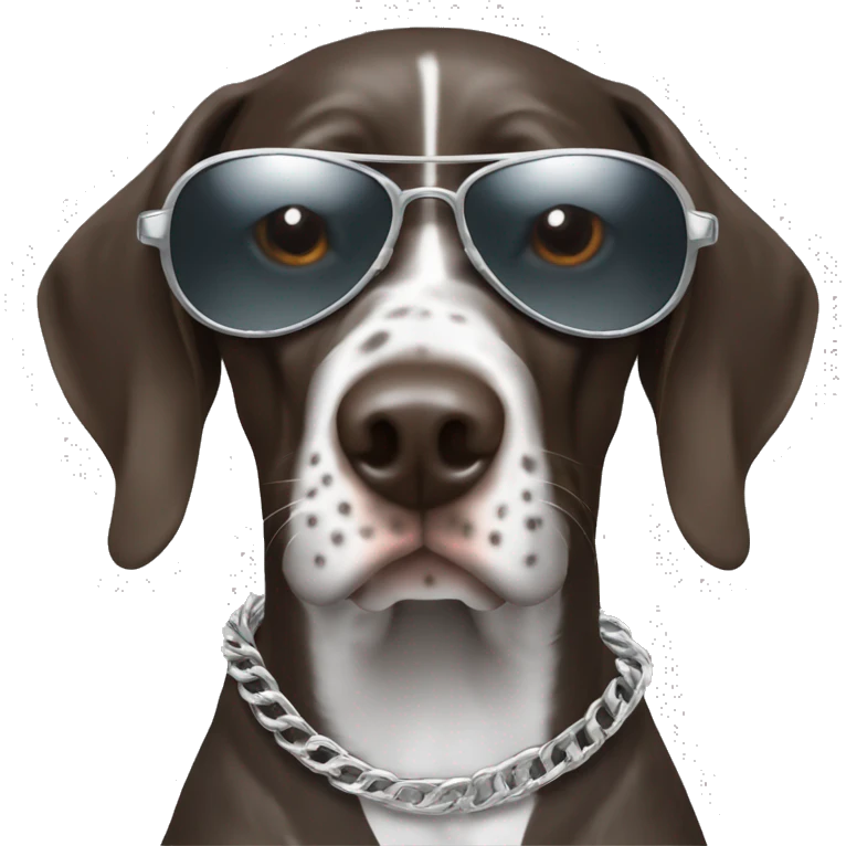 German shorthair pointer wearing aviator sunglasses and silver chain  emoji