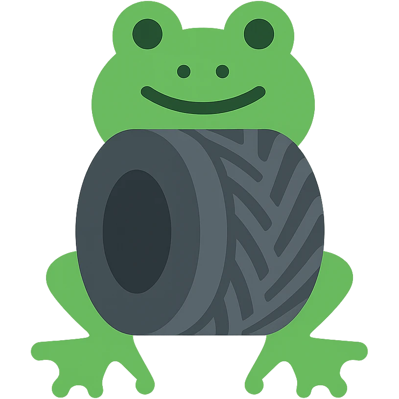 icon of a tire with legs and a frog's head, playful and bold emoji