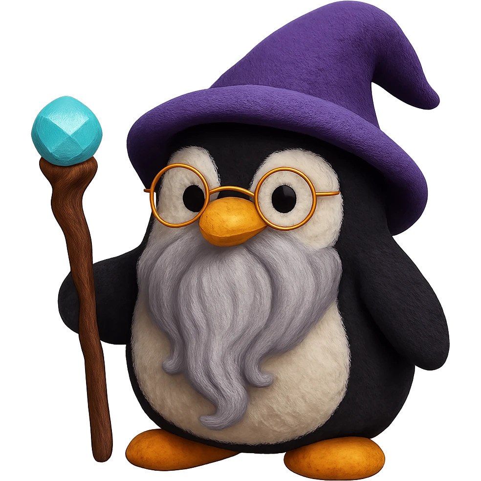 A penguin sorcerer with a flowing wizard beard, small round glasses, and a magical staff. The plush penguin has a soft, huggable appearance. emoji