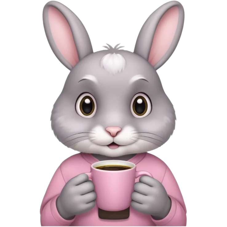 Gray rabbit, wearing pink t-shirt, holding coffee mug emoji