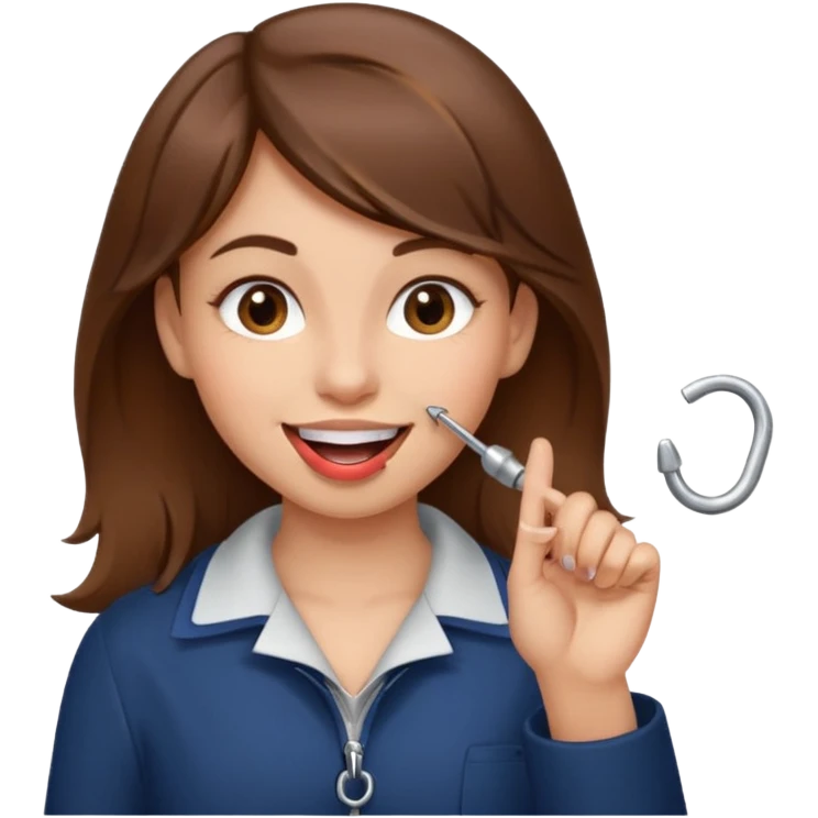 Emoji Fille cheveux long et brun yeux brun et que elle mette un doigt dans sa bouche qui forme un crochet et que elle fait un sourire  emoji