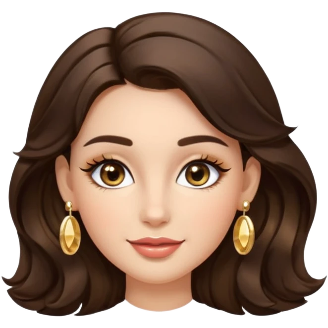 Luxury Milan girl Greta emoji: oval face, flawless skin, big light almond eyes with lashes/eyeliner, arched brows, flirty half-smile glossy lips, beauty mark, wavy warm brunette hair, gold hoop earrings, soft glow, champagne bg with sparkles, 3D sticker style, centered. emoji
