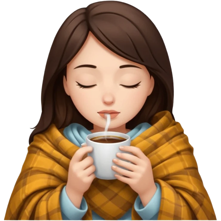 girl brunette inside a blanket sipping coffee eyes closed emoji