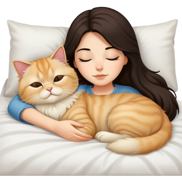 pretty girl with dark long hair sleeping with blonde persian cat in bed emoji