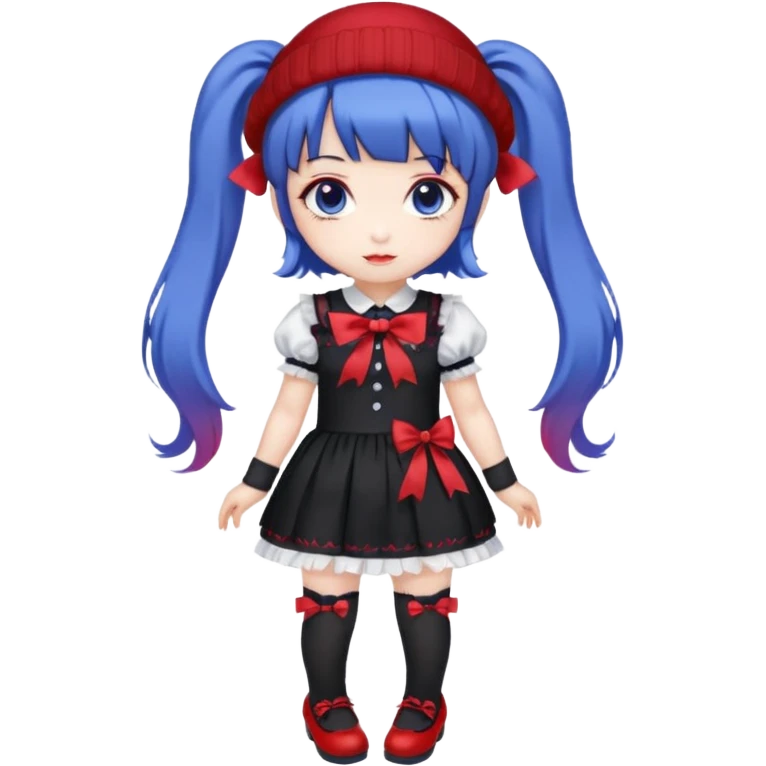 Chibi kawaii, violet eyes, black-blue twin tails, red ribbons, red beanie, black & white lolita dress with red accents, white thigh-highs, black mary janes, cute aesthetic. emoji