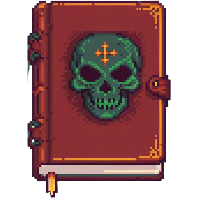 ancient red spellbook with ominous face on cover in pixel art style emoji