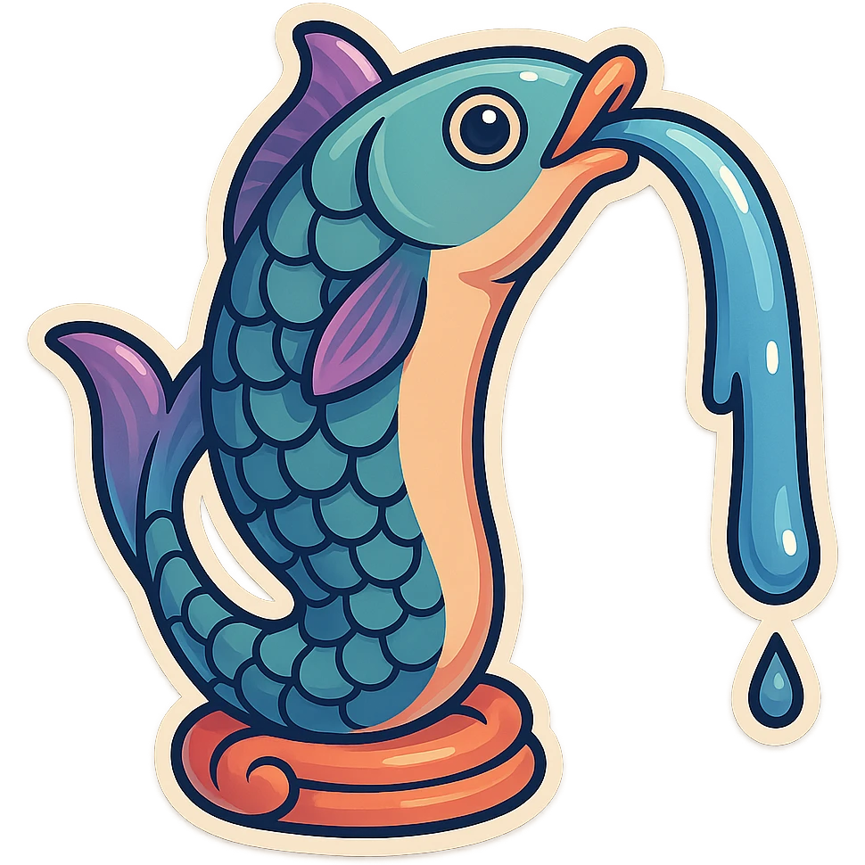 Вытянутая рыбка-фонтан в стиле retro-stickers, без декора, с детализированной рисовкой, тенями и бликами, тонкие чистые контуры, мягкие округлые формы, пастельная палитра #98B5BC, #B5B3C1, #C9A3C9, #E4C0CA, #F7DCD1, #F7C0AA, современное японское поп-арт, мягкое освещение, прозрачный фон. Кадр 4: самая длинная струя воды. emoji