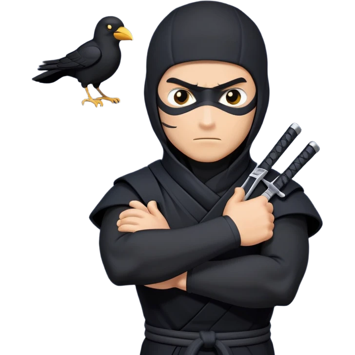 clash-of-clans-aesthetic_-cinematic-mysterious-male-ninja-portrait-emoji, rendered in a flat, vector-style with minimal shading and bold, simplified shapes, his arm is stretched out  with a head slightly turned revealing intense, focused eyes. the ninja has his arm out and perched on top of his forearm is  a black crow emoji