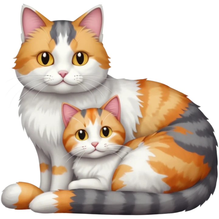 full body colourful light patched calico + white tabby cat cuddling a large grey and white cat  emoji